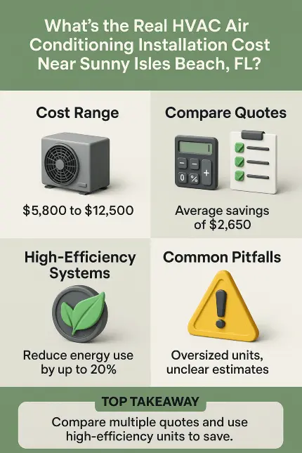 What’s the Real HVAC Air Conditioning Installation Cost Near Sunny Isles Beach, FL? Get a Free Online Estimate, Compare Price Options, and Request a Quote to Save on Your System Today 2 Infographic summarizing HVAC installation costs near Sunny Isles Beach, FL with green and gray design. Features 3D icons for cost range, quote comparison, energy savings, and common pitfalls with a top takeaway message.