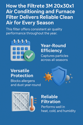 How the Filtrete 3M 20x30x1 Air Conditioning and Furnace Filter Delivers Reliable Clean Air for Every Season 2 Infographic showing how the Filtrete 3M 20x30x1 air conditioning and furnace filter delivers reliable clean air year-round, with icons highlighting year-round efficiency, versatile protection against allergens and dust, and reliable filtration in heat, cold, and humidity.